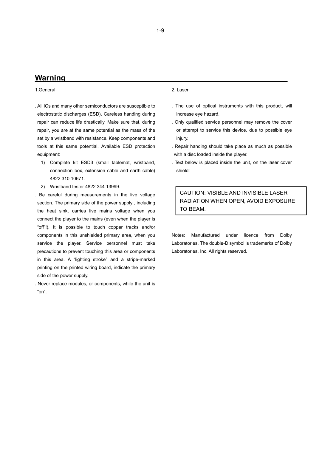 Philips DVP3896, DVP3879, DVP3893, DVP3855, DVP3898, DVP3800 service manual Radiation When OPEN, Avoid Exposure To Beam 