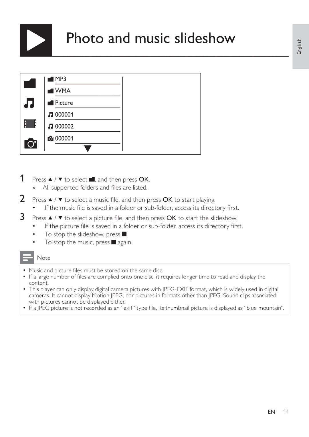 Philips DVP3880 user manual Photo and music slideshow, Wma 