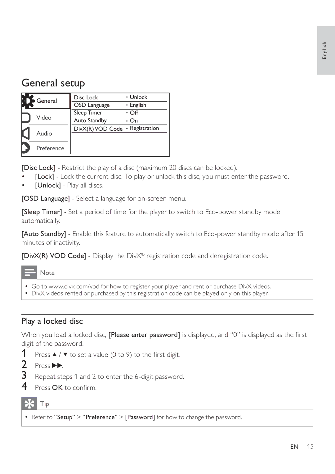 Philips DVP3880 user manual General setup, Play a locked disc 