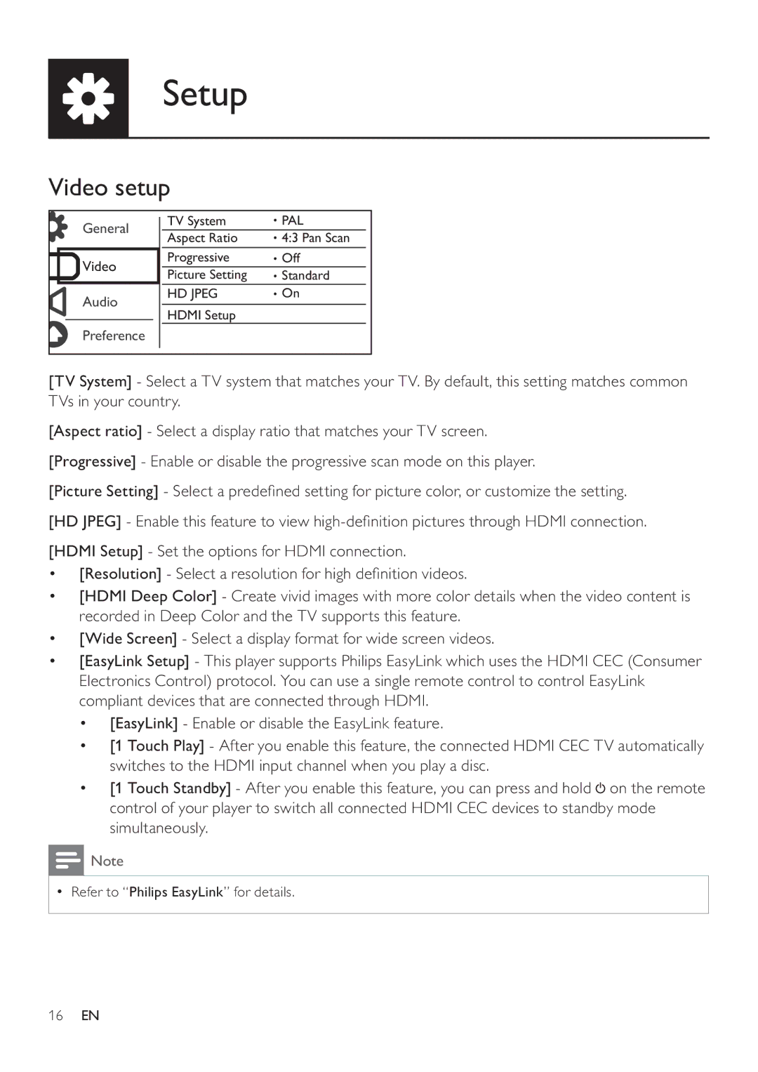 Philips DVP3880 user manual Video setup 