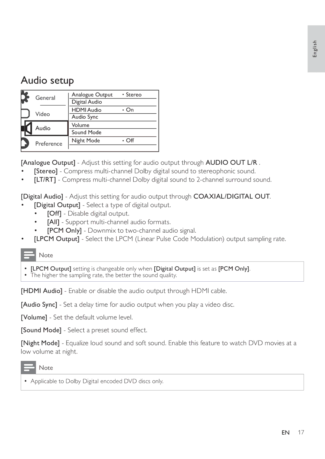 Philips DVP3880 user manual Audio setup 