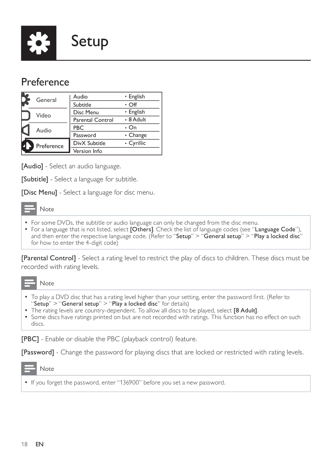 Philips DVP3880 user manual Preference 