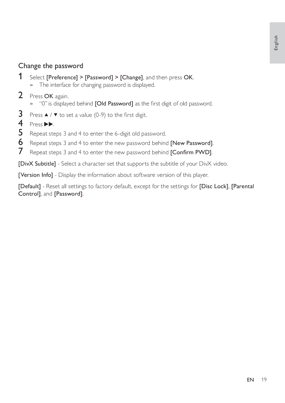 Philips DVP3880 user manual Change the password 