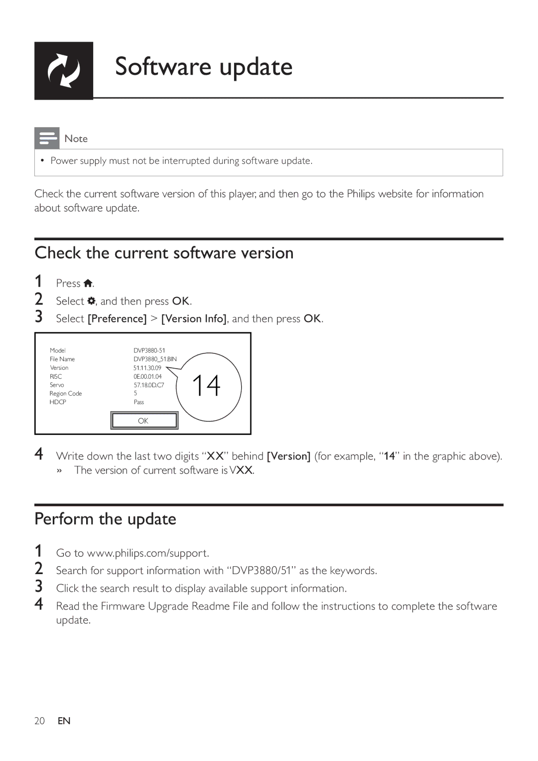 Philips DVP3880 user manual Software update, Check the current software version, Perform the update 