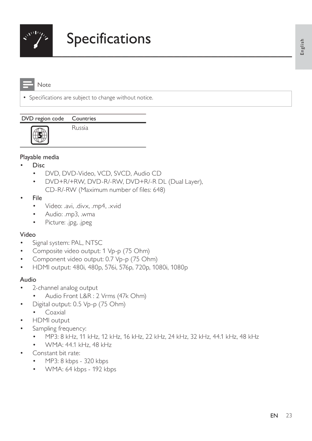 Philips DVP3880 user manual Specifications 