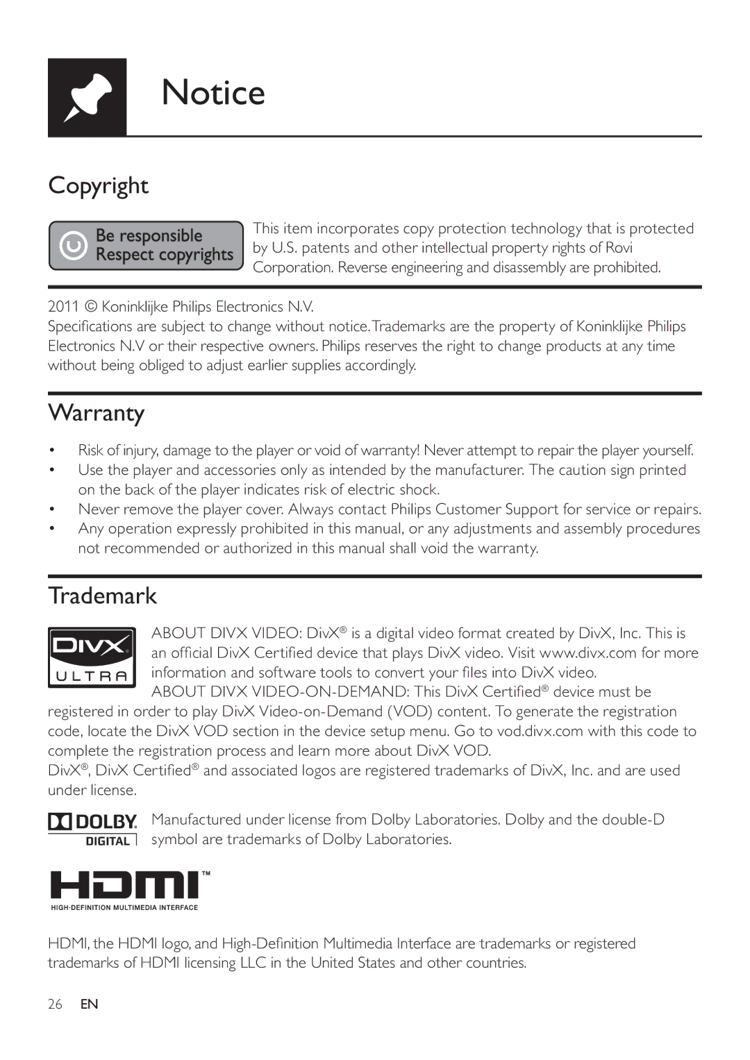 Philips DVP3880 user manual Copyright, Warranty, Trademark 