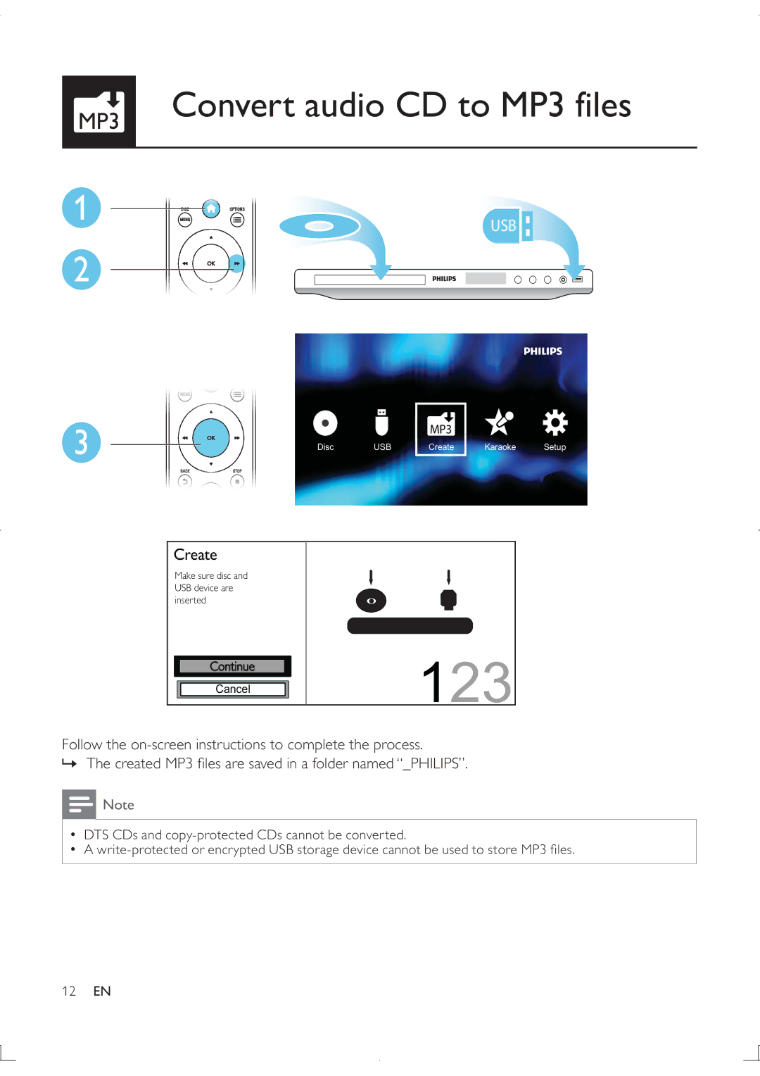 Philips DVP3880K user manual 123, MP3 Convert audio CD to MP3 files 