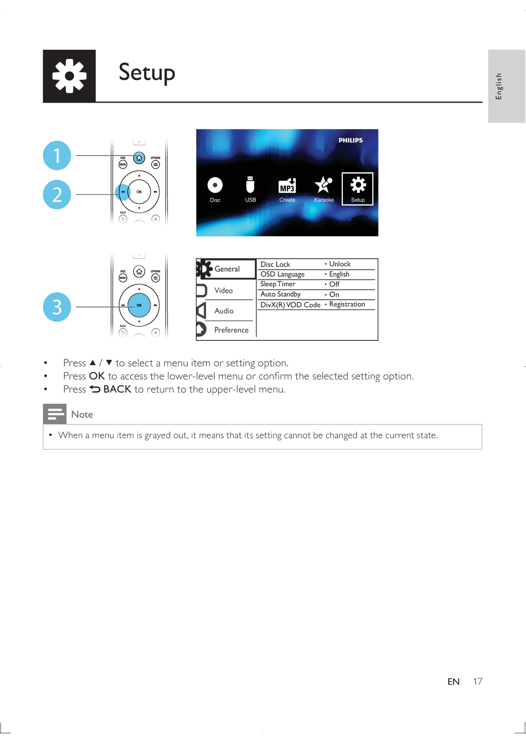 Philips DVP3880K user manual Setup, MP3 