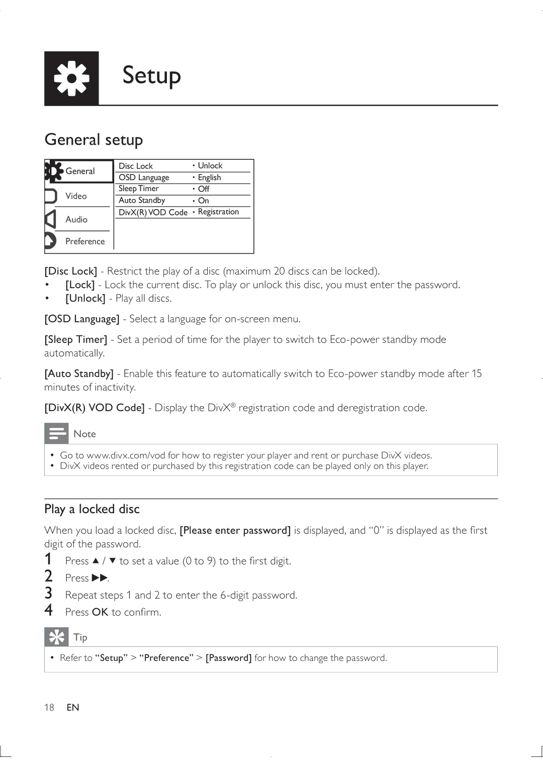 Philips DVP3880K user manual General setup, Play a locked disc 