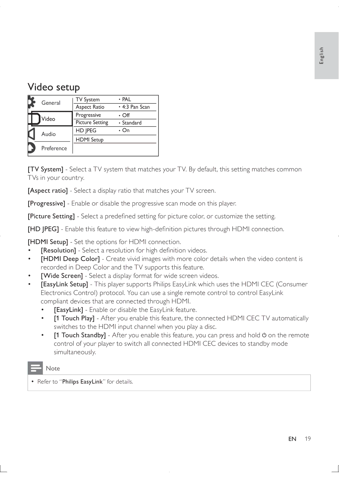 Philips DVP3880K user manual Video setup 