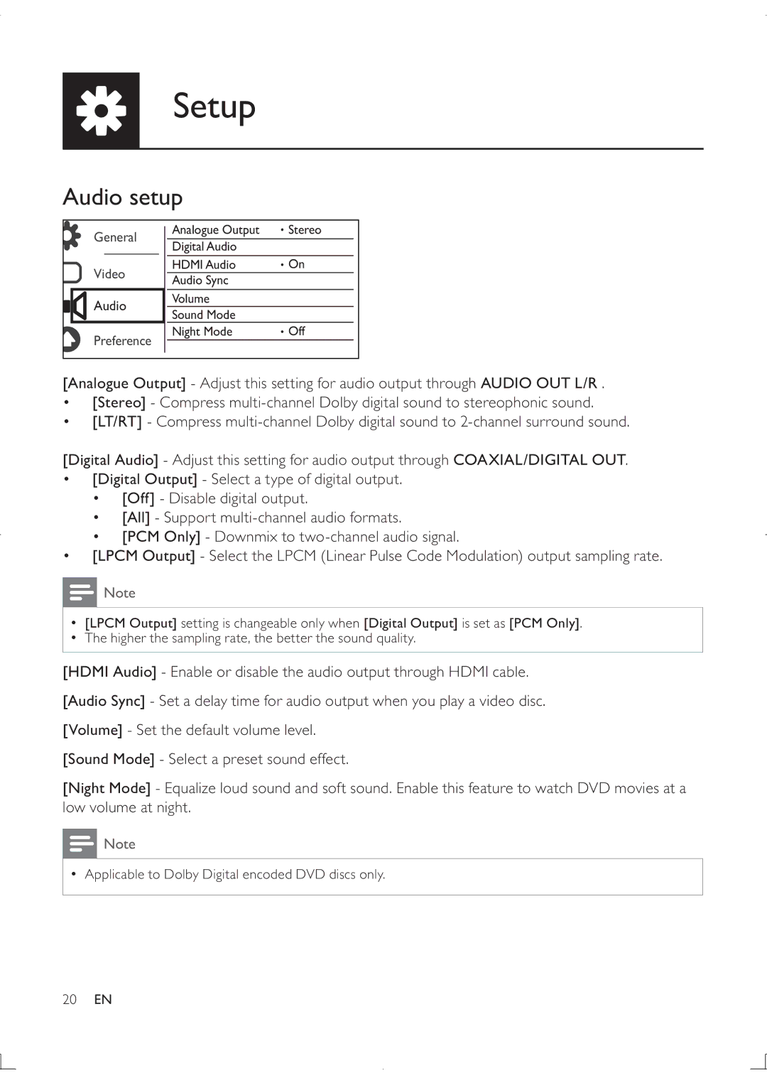 Philips DVP3880K user manual Audio setup 