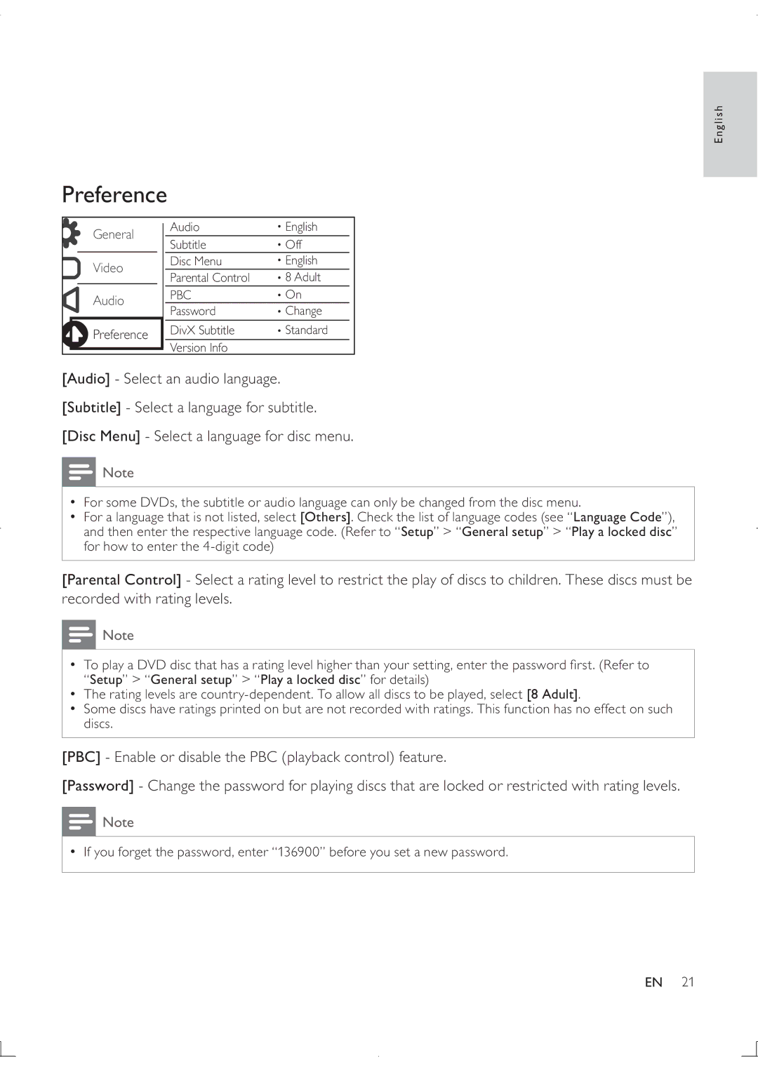 Philips DVP3880K user manual Preference 