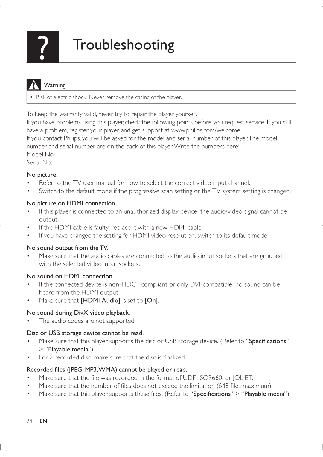 Philips DVP3880K user manual Troubleshooting 