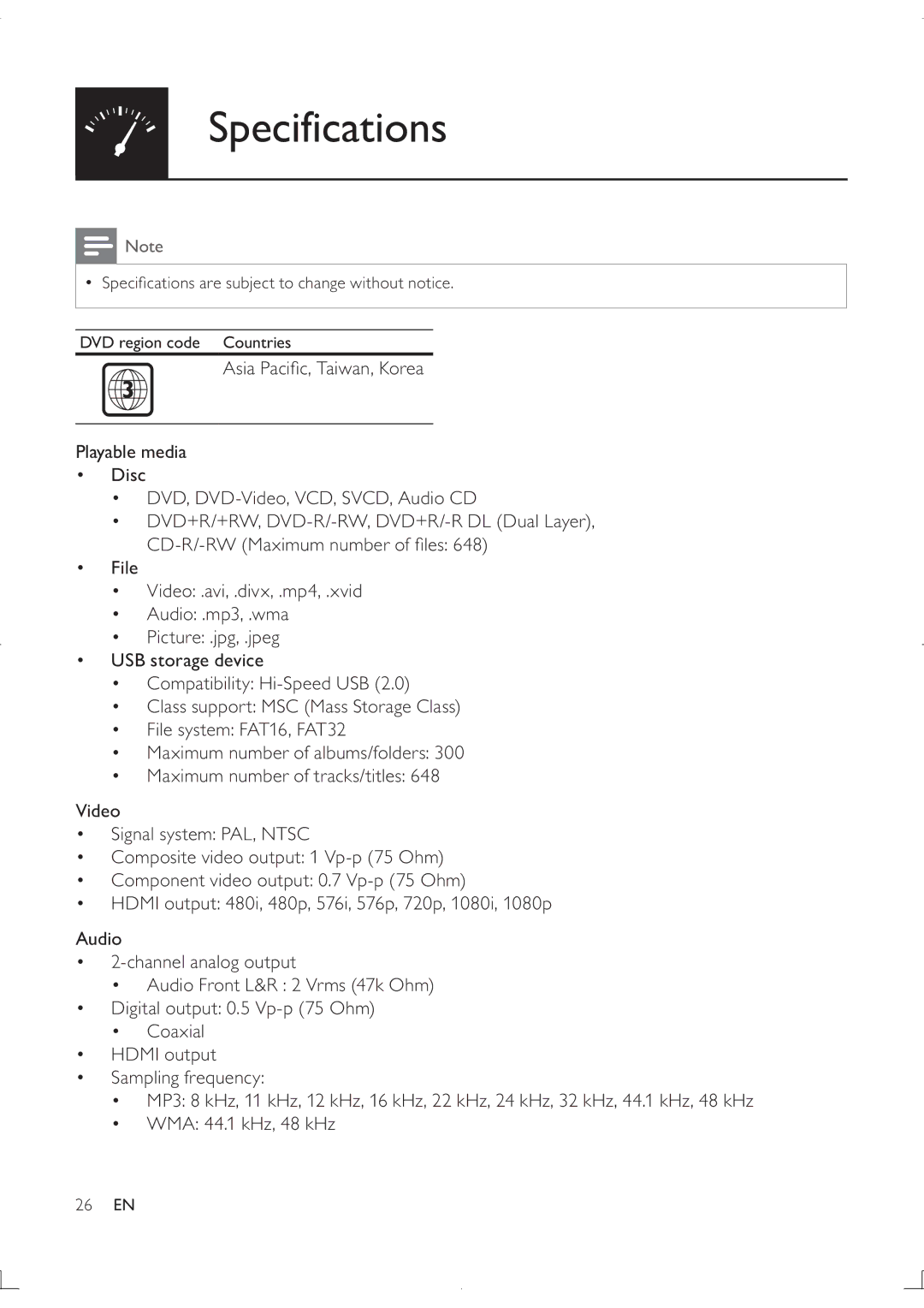 Philips DVP3880K user manual Specifications 