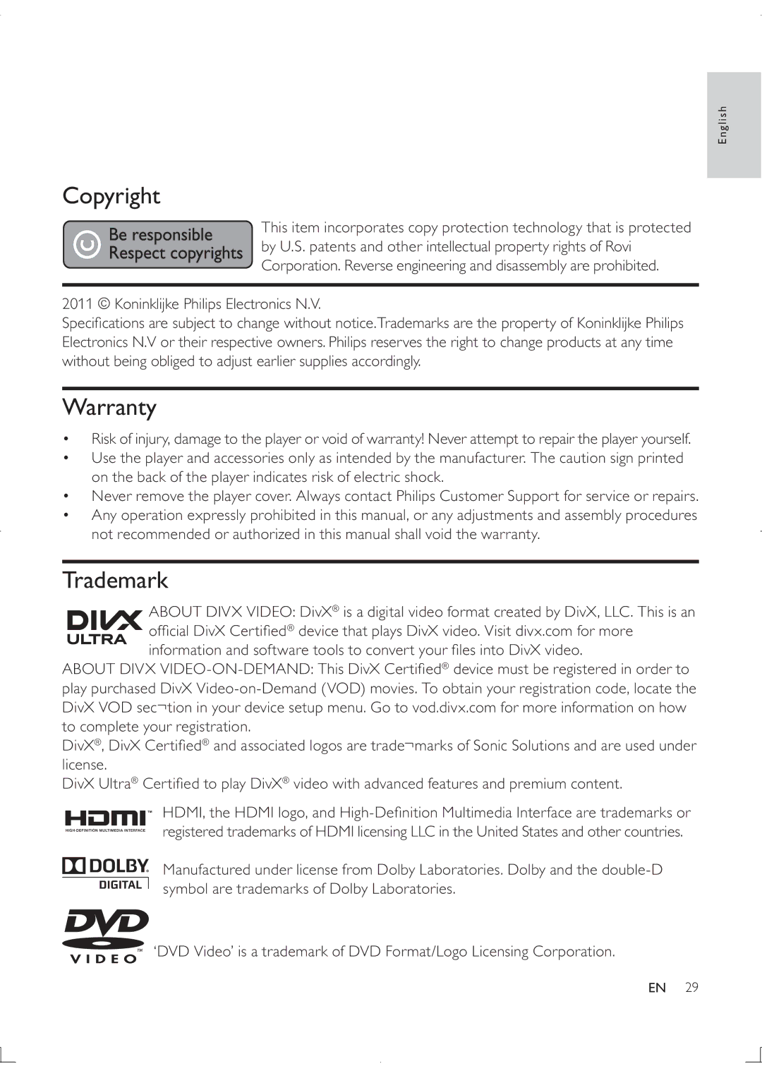 Philips DVP3880K user manual Copyright, Warranty, Trademark 