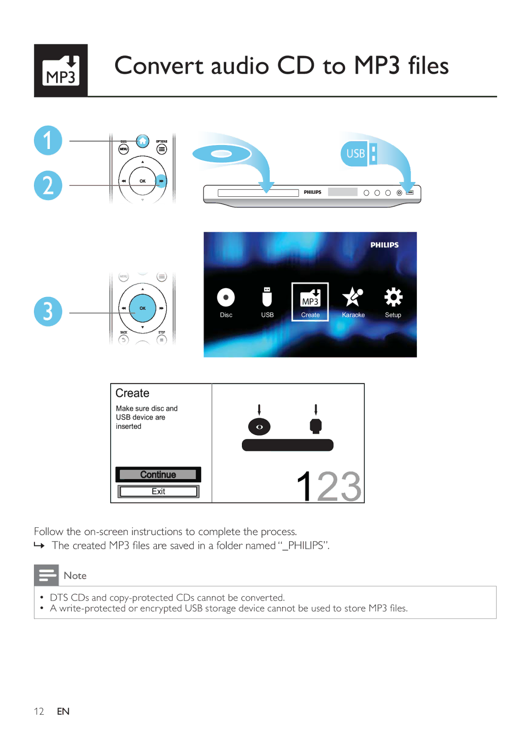 Philips DVP3880K user manual 123, MP3 Convert audio CD to MP3 files 