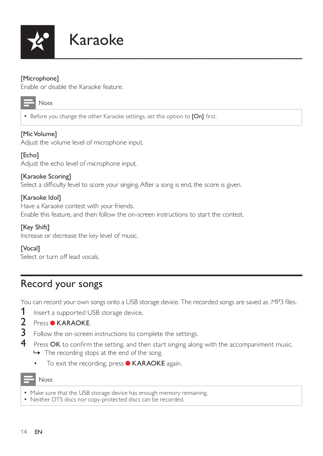 Philips DVP3880K user manual Record your songs 