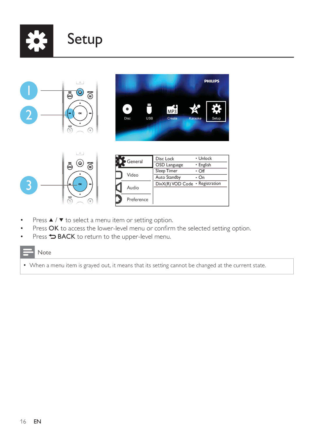 Philips DVP3880K user manual Setup, MP3 