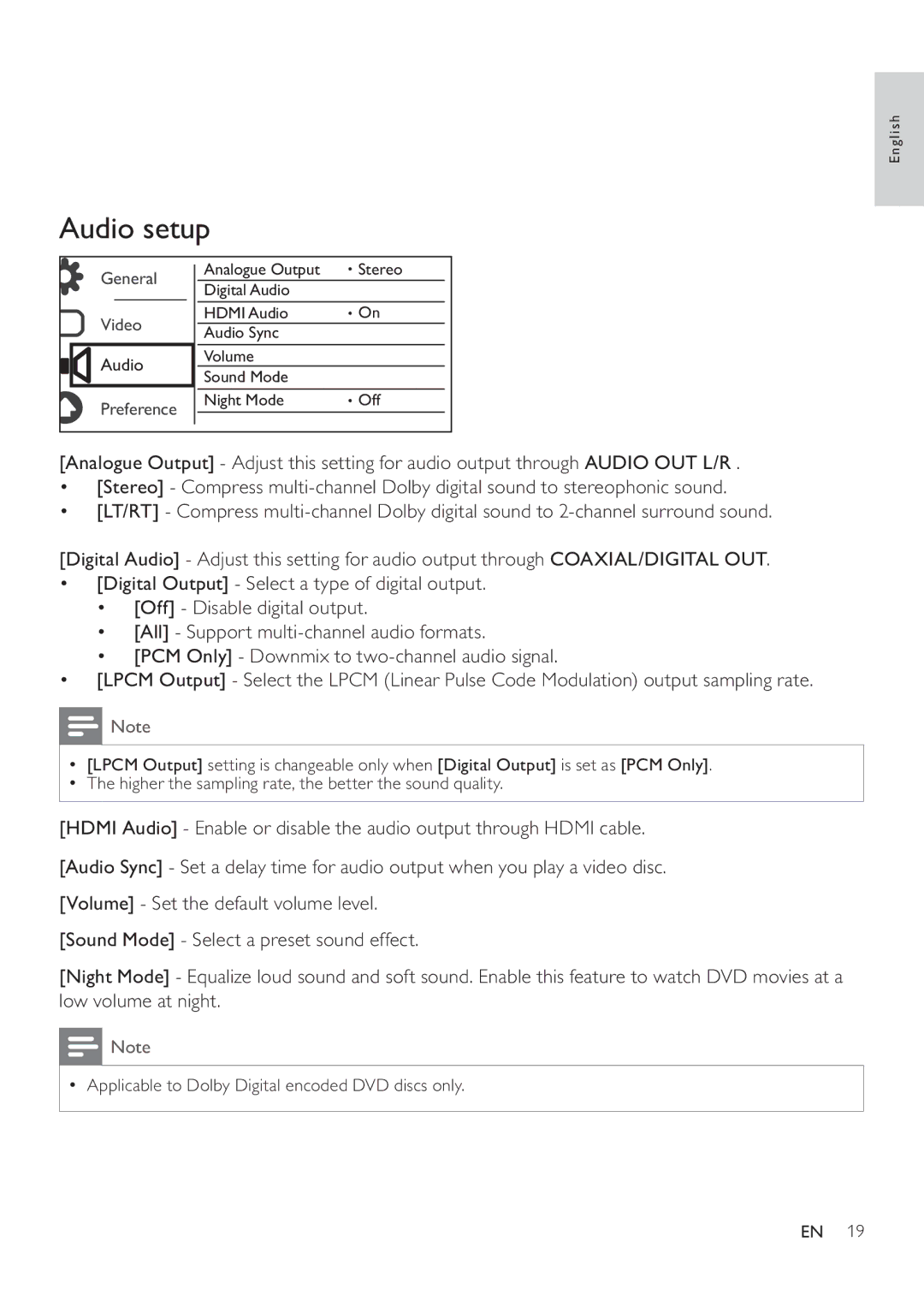 Philips DVP3880K user manual Audio setup 