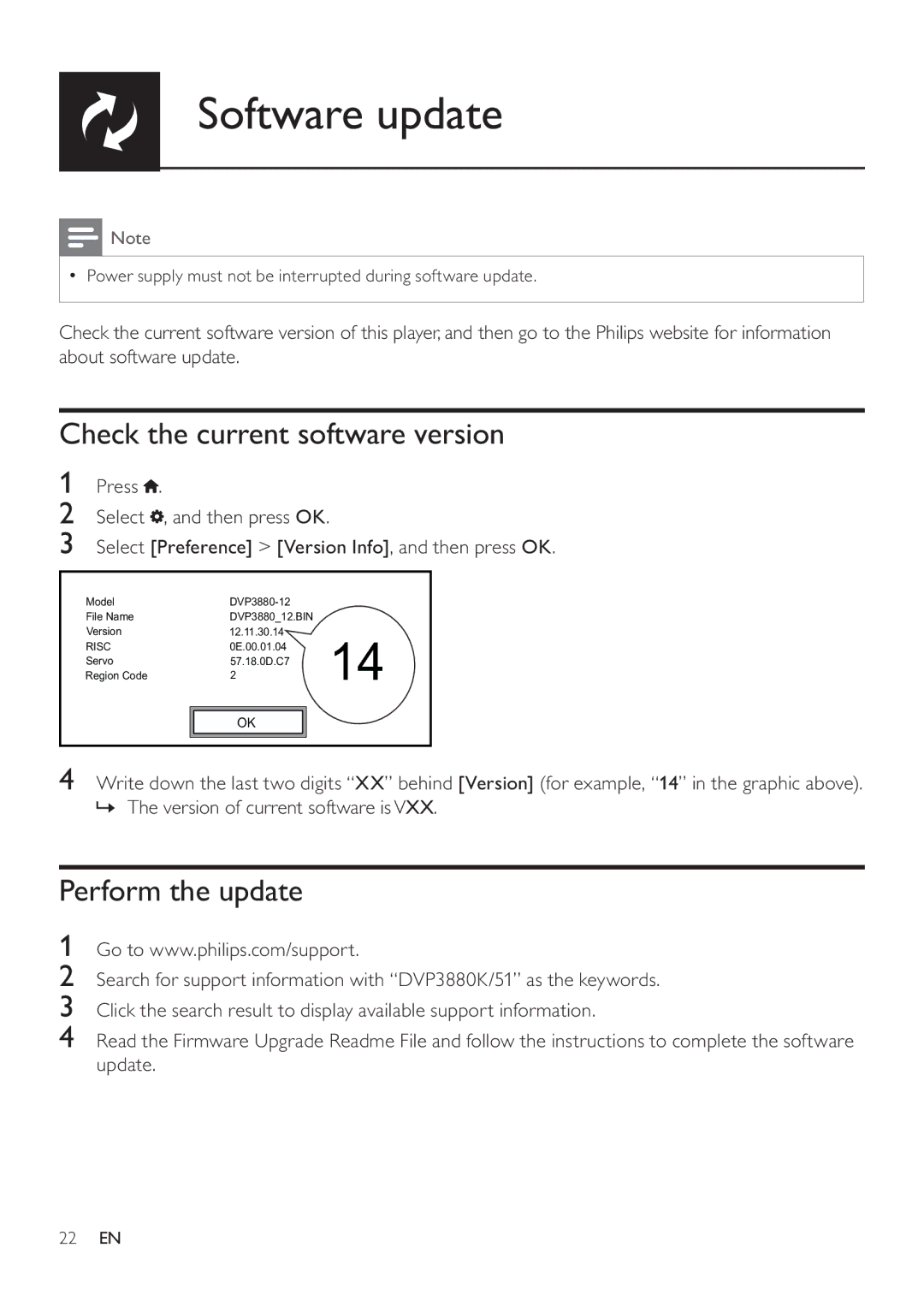 Philips DVP3880K user manual Software update, Check the current software version, Perform the update 