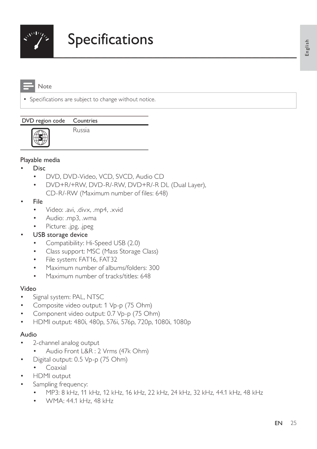 Philips DVP3880K user manual Specifications 