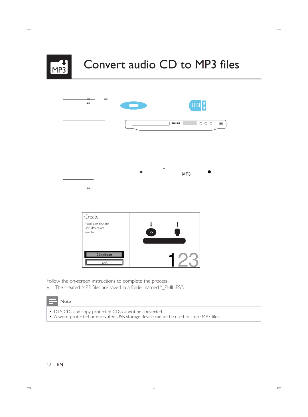 Philips DVP3888 user manual 123, MP3 Convert audio CD to MP3 files 