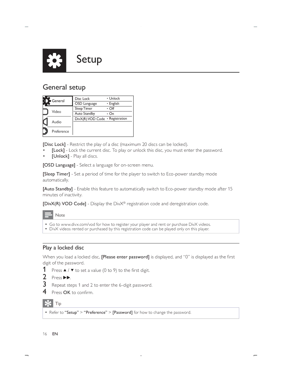 Philips DVP3888 user manual General setup, Play a locked disc 