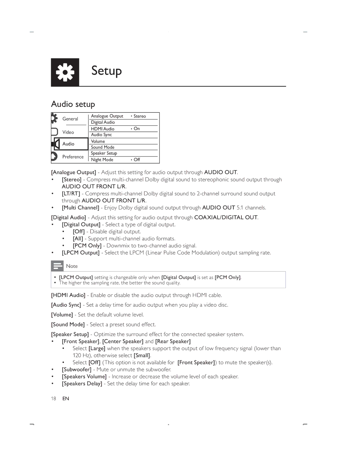 Philips DVP3888 user manual Audio setup, Audio OUT Front L/R 