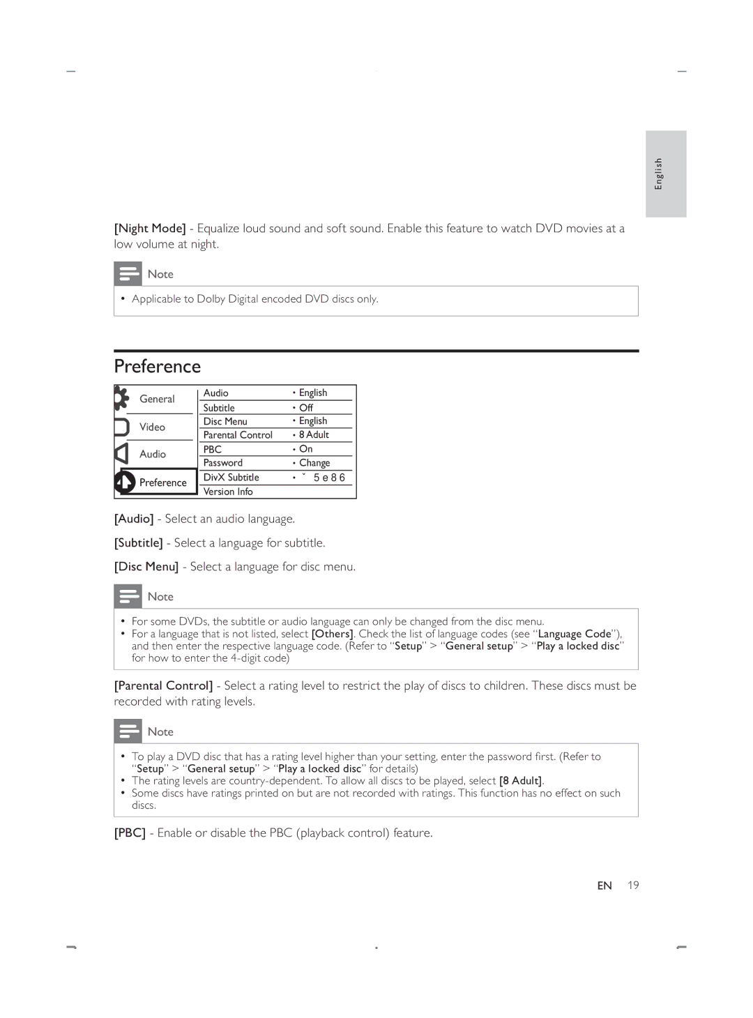 Philips DVP3888 user manual Preference 