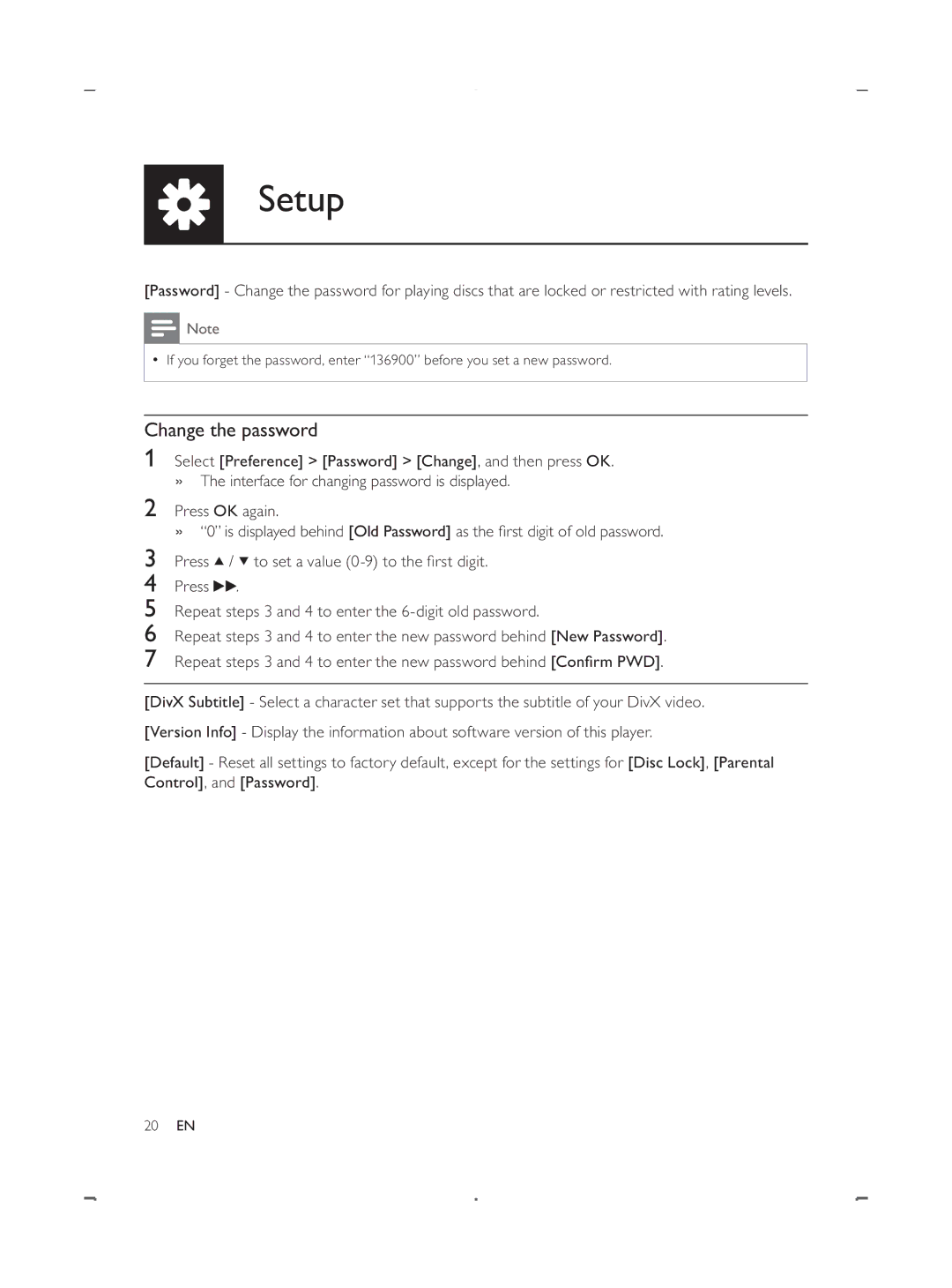 Philips DVP3888 user manual Change the password 