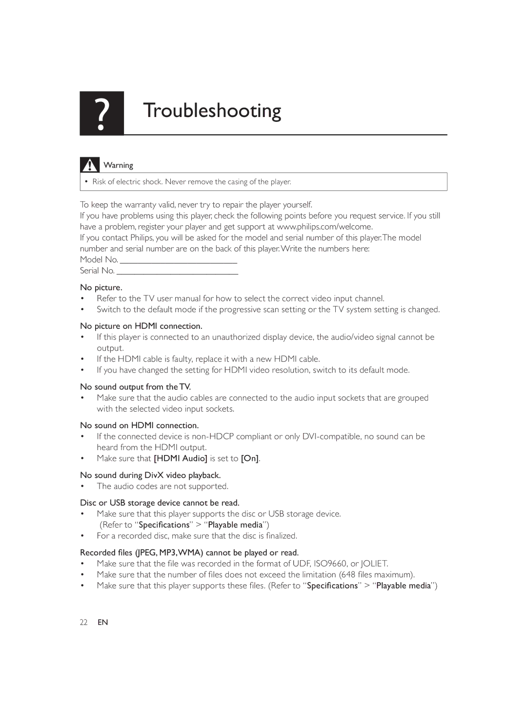 Philips DVP3888 user manual Troubleshooting 