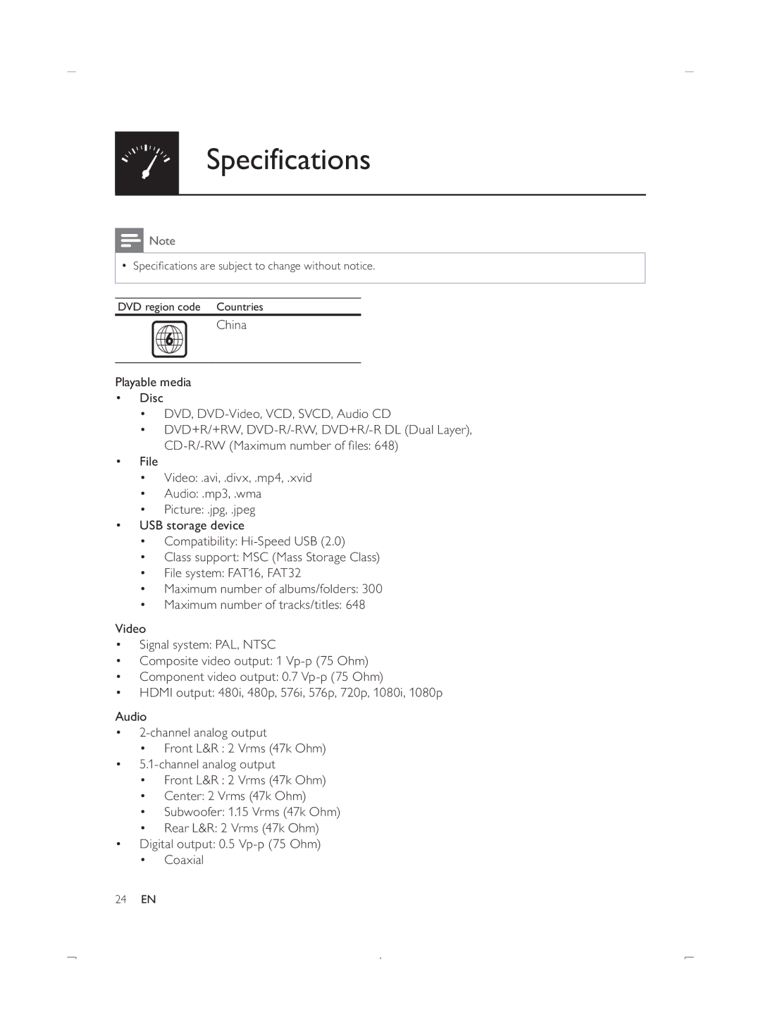 Philips DVP3888 user manual Specifications 