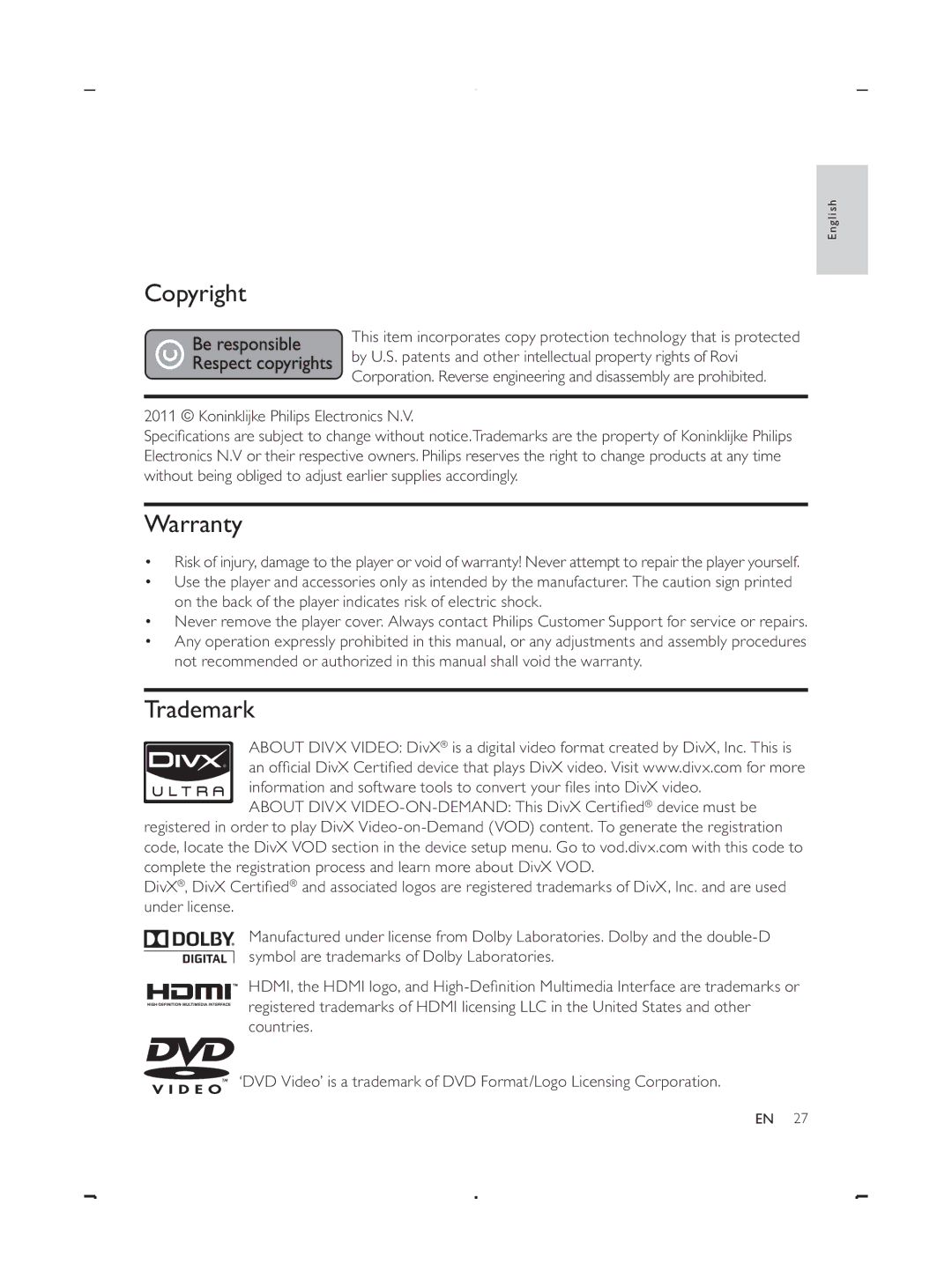 Philips DVP3888 user manual Copyright, Warranty, Trademark 