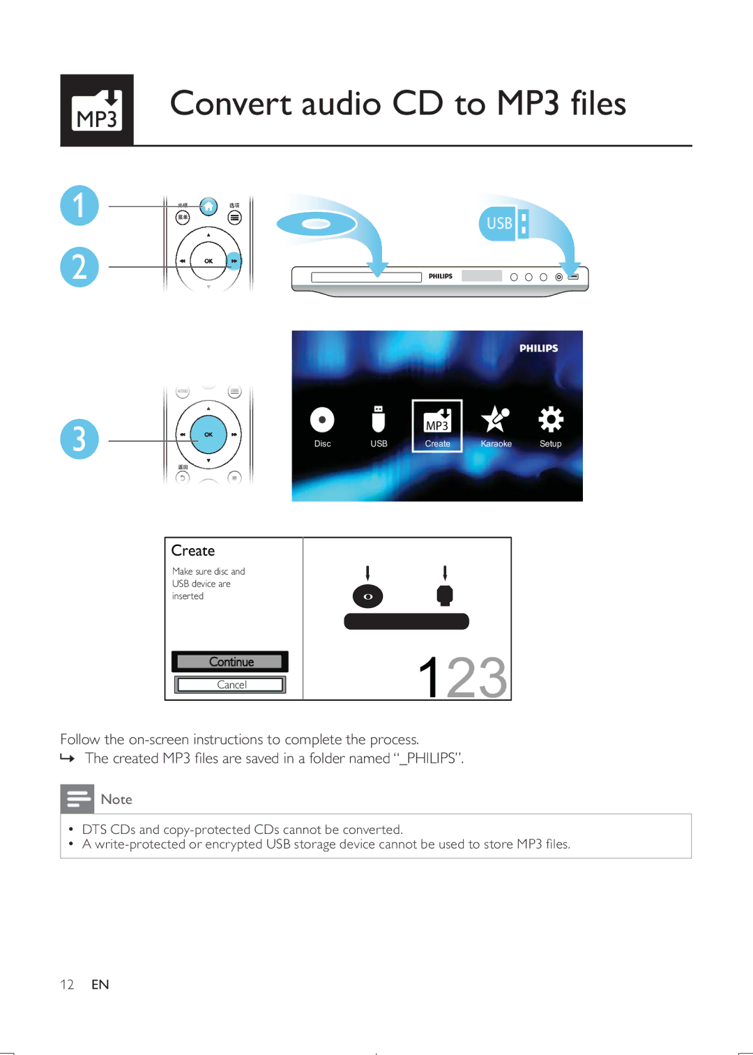 Philips DVP3888K user manual 123, MP3 Convert audio CD to MP3 files 