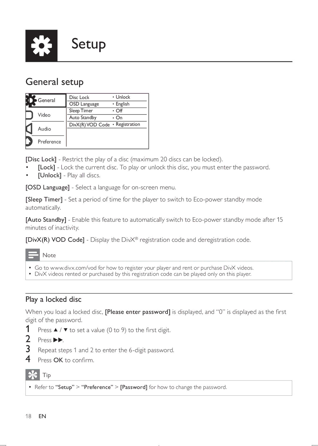 Philips DVP3888K user manual General setup, Play a locked disc 