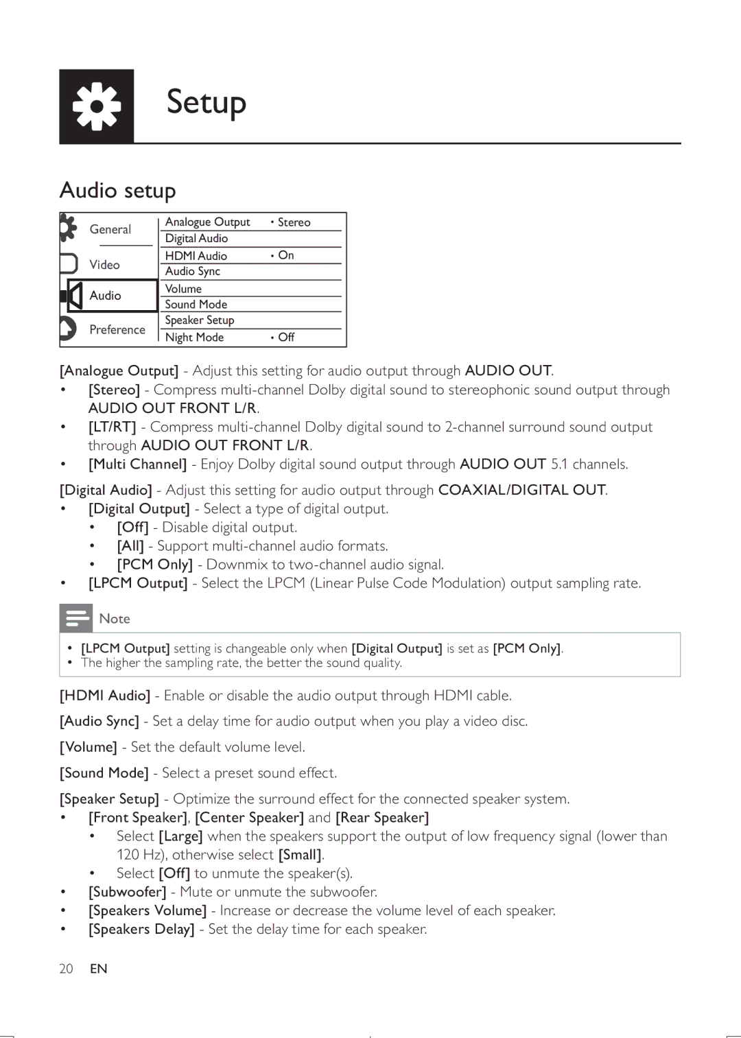 Philips DVP3888K user manual Audio setup, Audio OUT Front L/R 