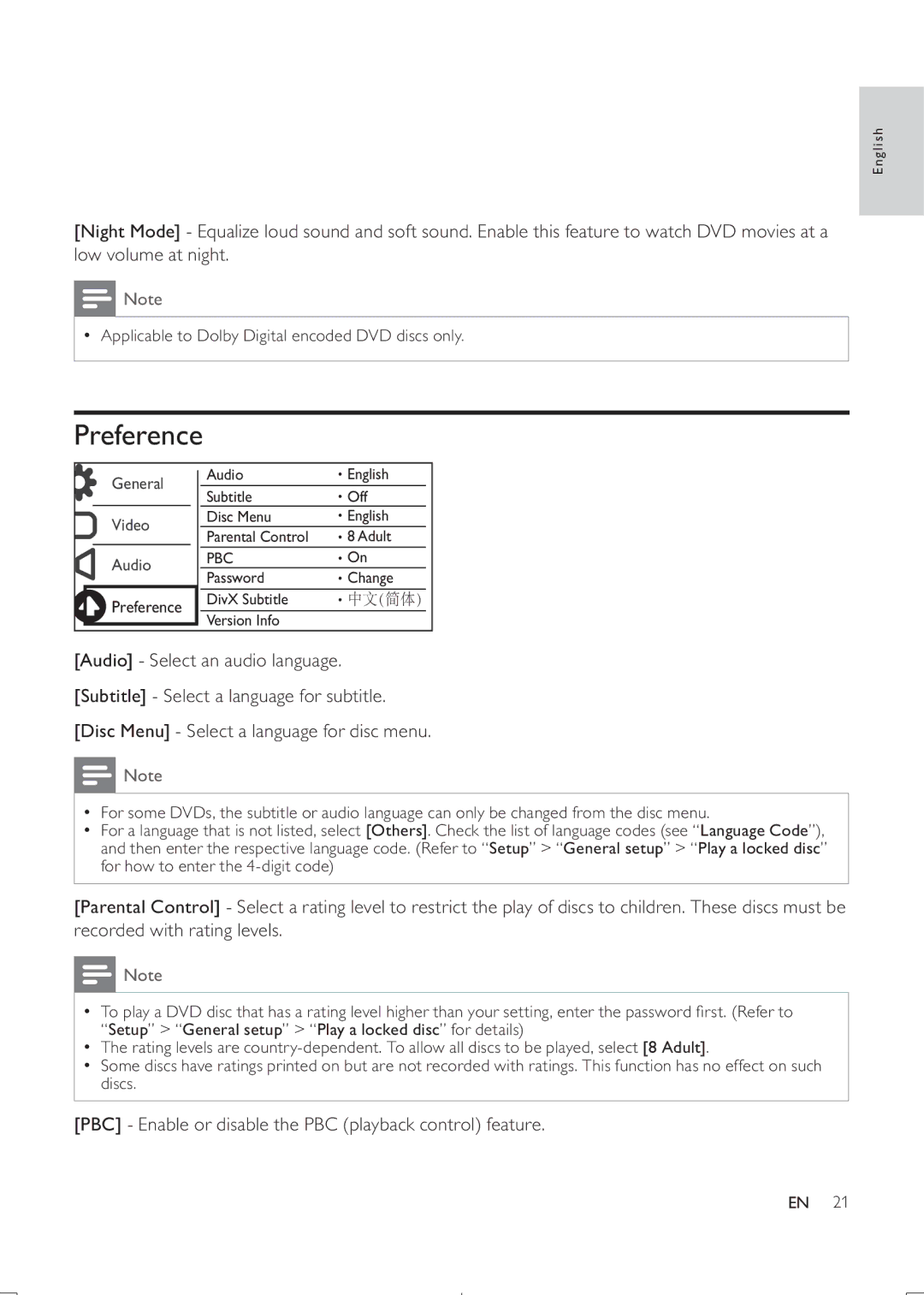 Philips DVP3888K user manual Preference 