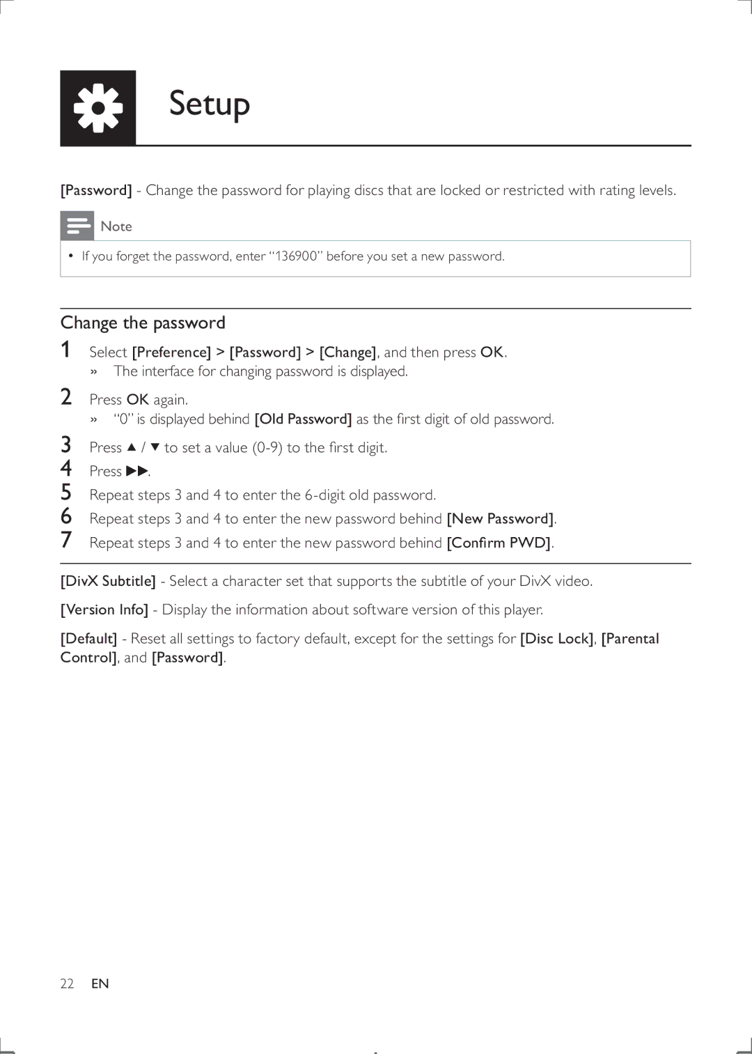 Philips DVP3888K user manual Change the password 