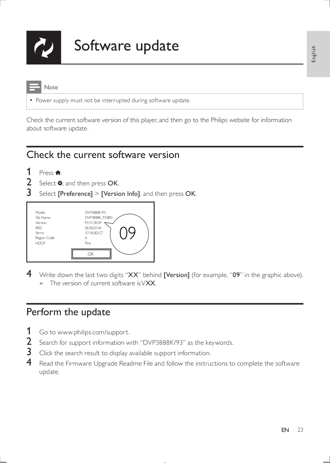 Philips DVP3888K user manual Software update, Check the current software version, Perform the update 