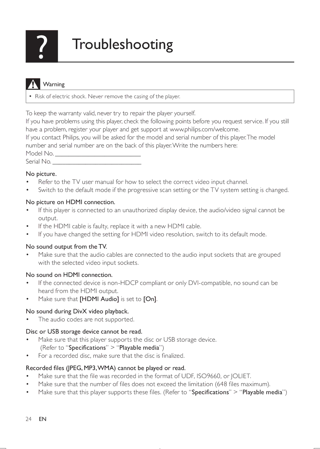 Philips DVP3888K user manual Troubleshooting 