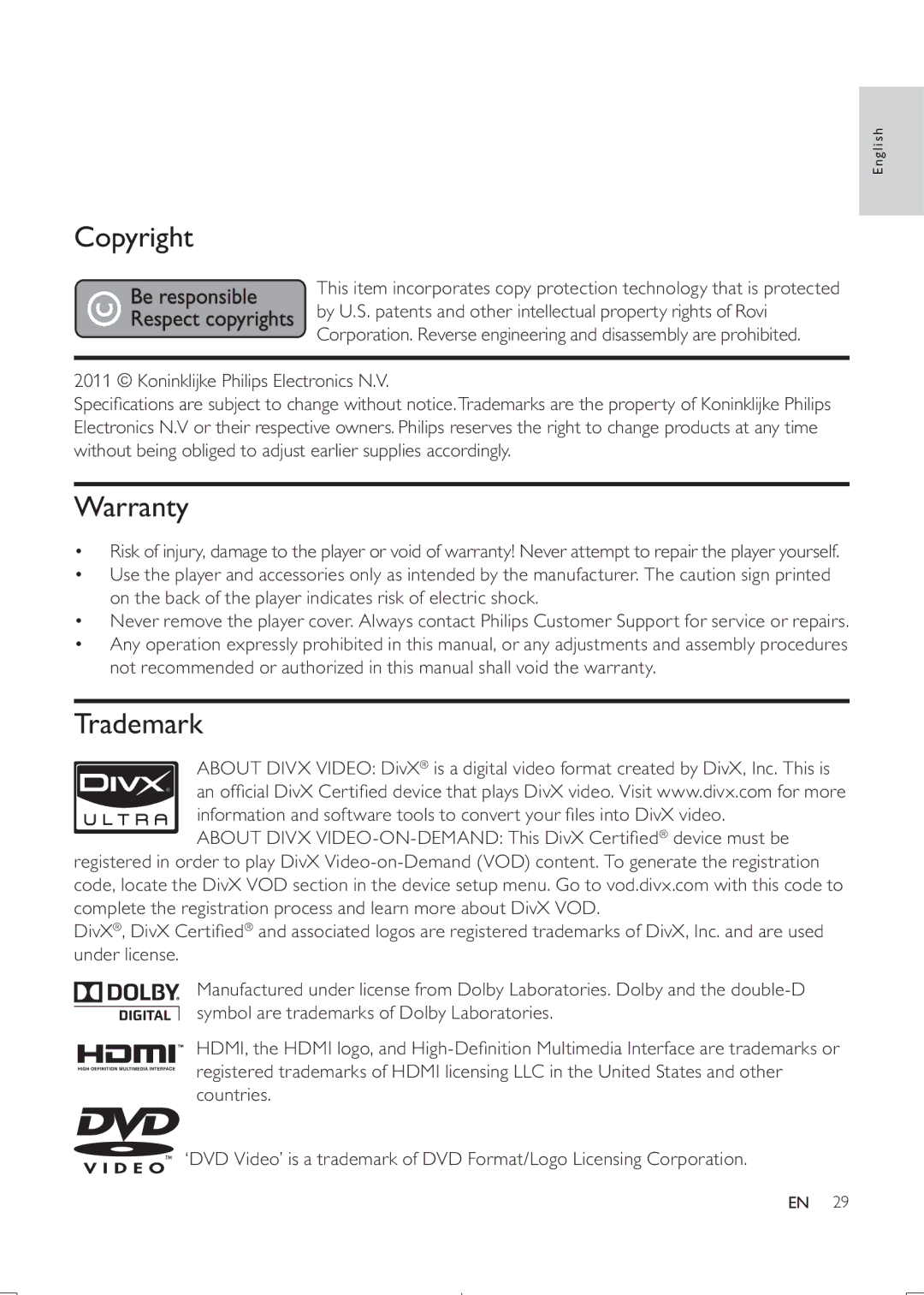 Philips DVP3888K user manual Copyright, Warranty, Trademark 