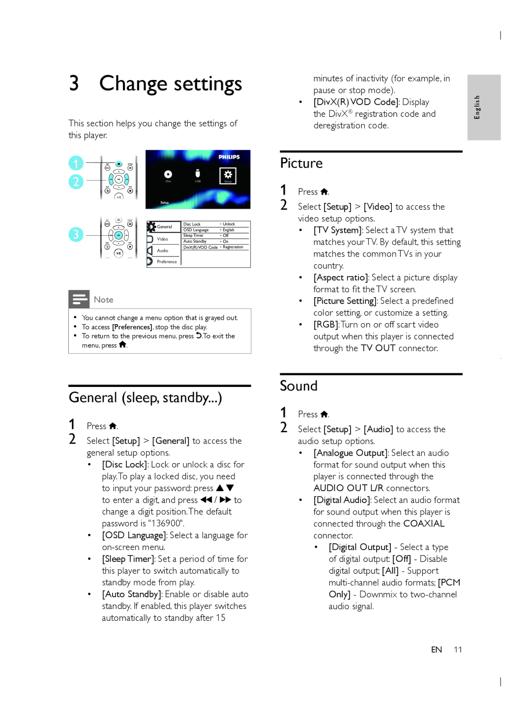 Philips DVP3950 user manual Change settings, Picture, General sleep, standby, Sound 