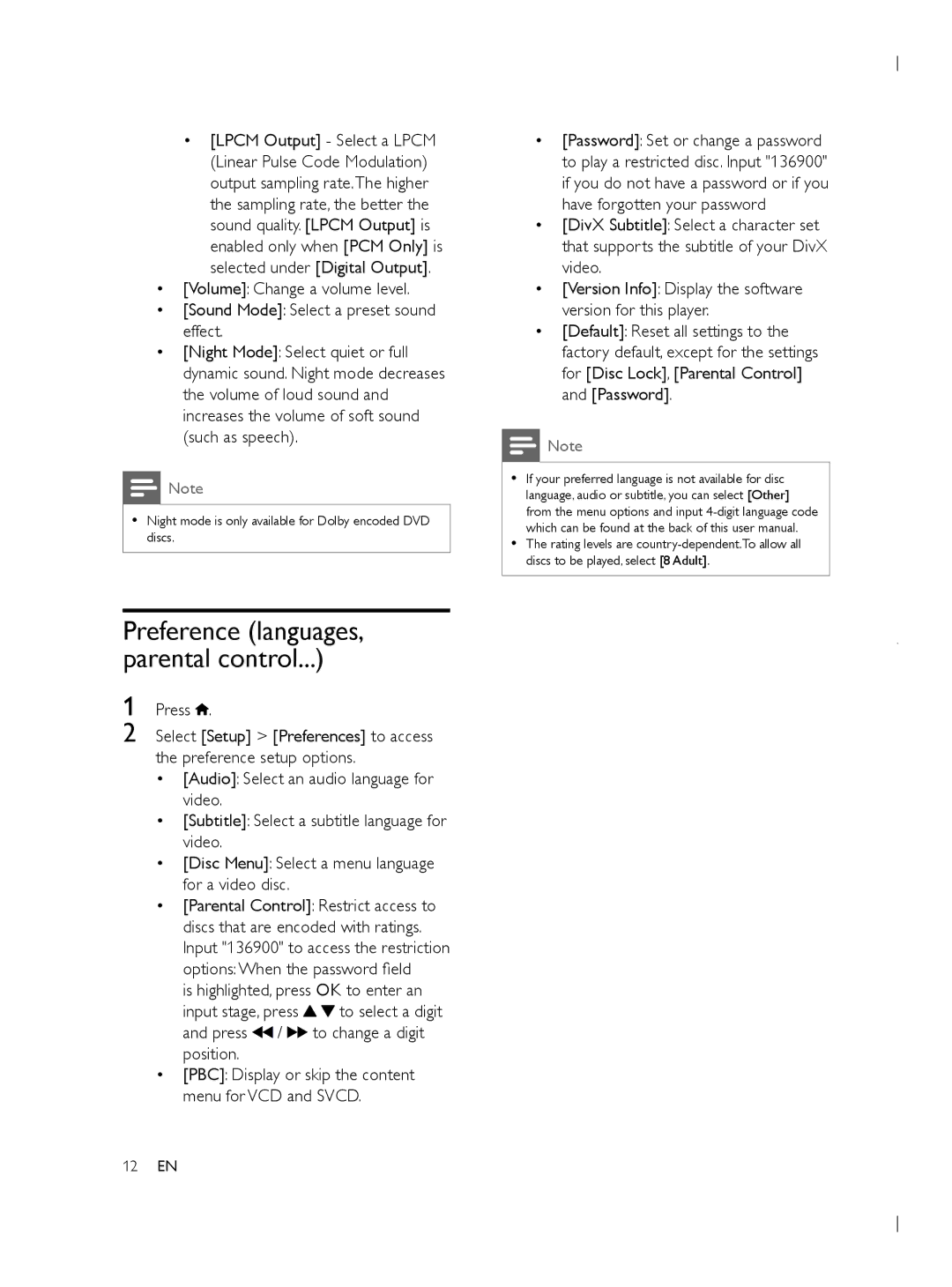 Philips DVP3950 user manual Preference languages, parental control 