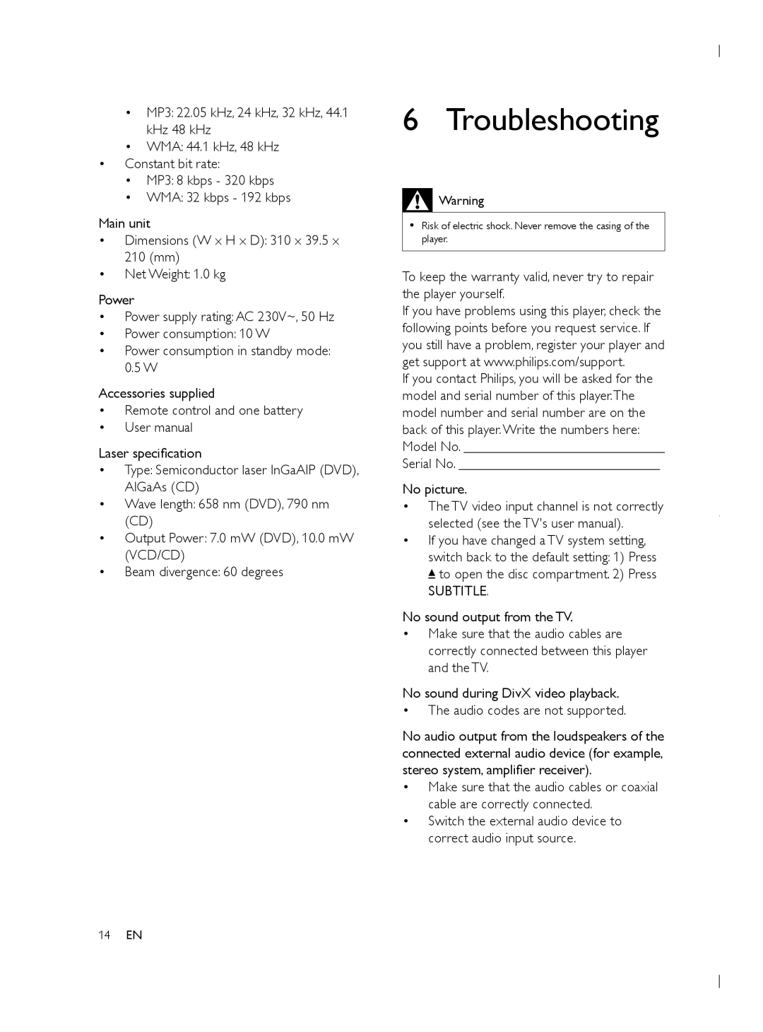 Philips DVP3950 user manual Troubleshooting, Serial No No picture 