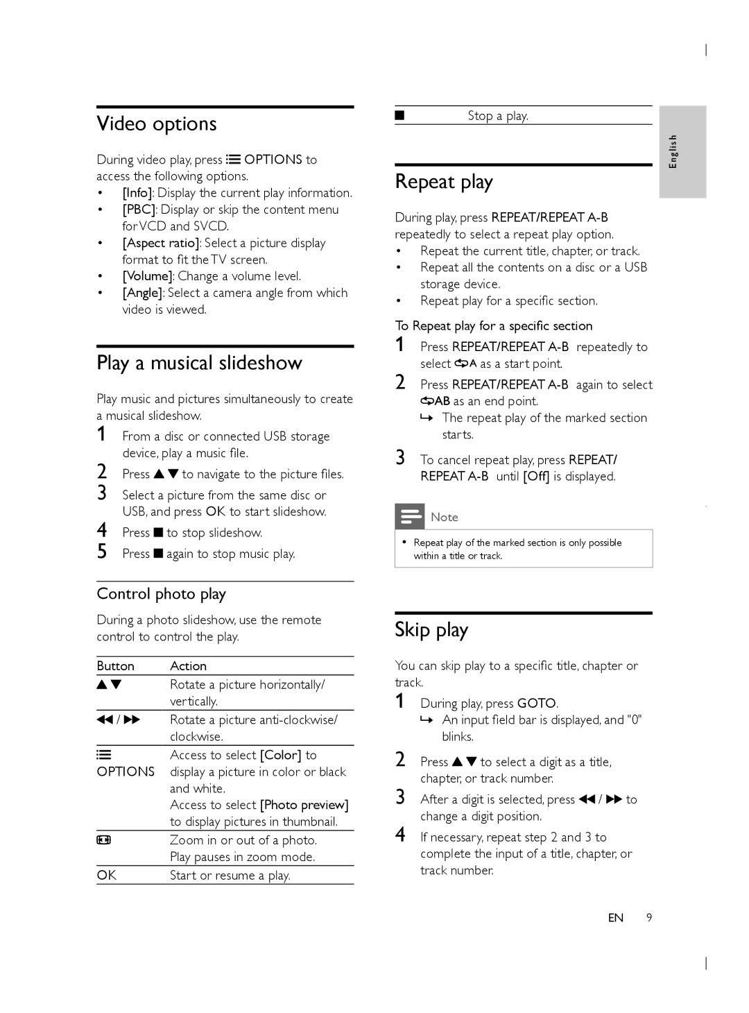 Philips DVP3950 user manual Video options, Play a musical slideshow, Repeat play, Skip play 