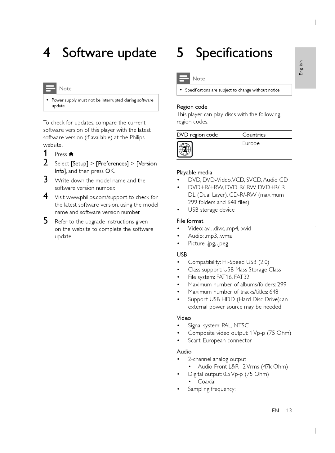 Philips DVP3950 user manual Software update, Specifications 