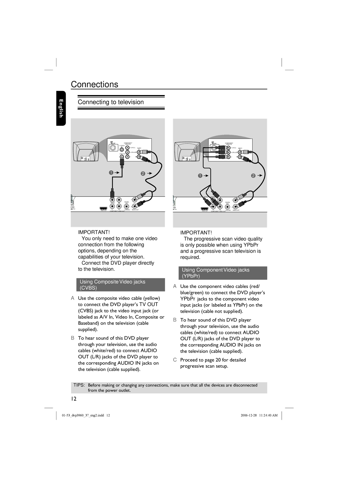 Philips DVP3960 Connections, Connecting to television, Using Composite Video jacks Cvbs, Using Component Video jacks YPbPr 