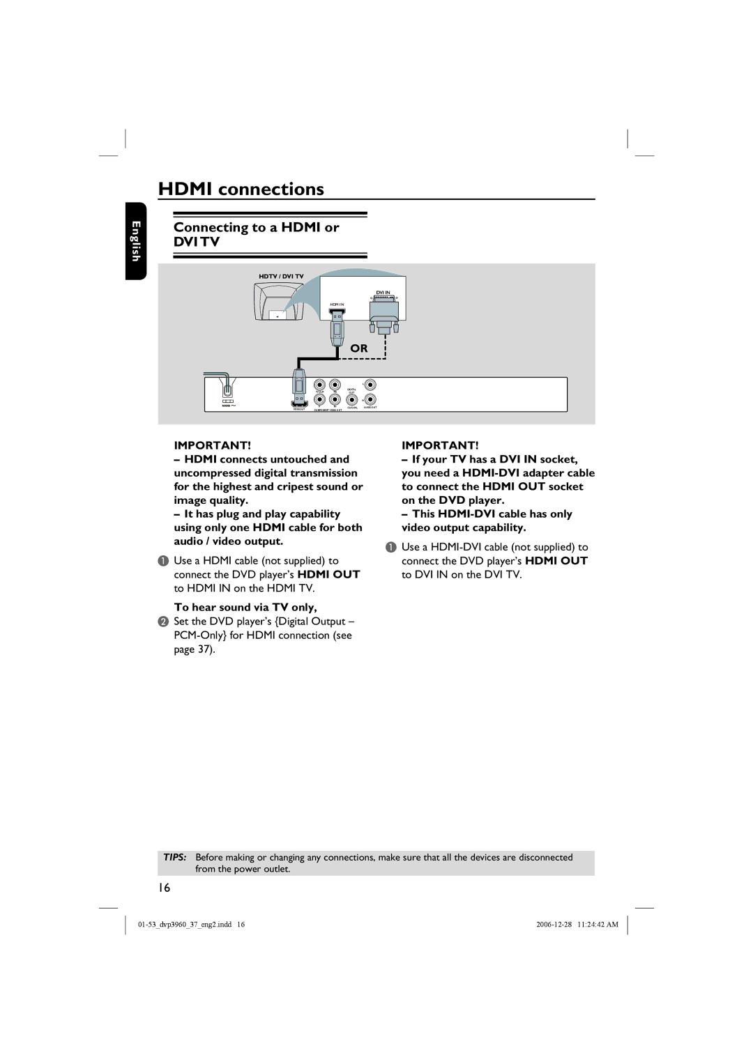 Philips DVP3960 manual Hdmi connections, Connecting to a Hdmi or 