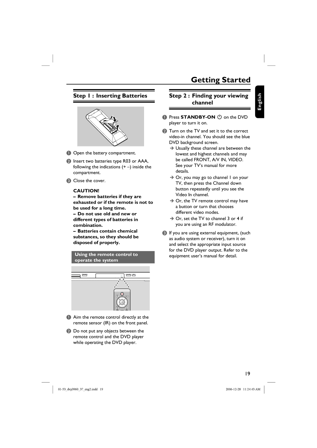 Philips DVP3960 manual Getting Started, Inserting Batteries, Finding your viewing channel 