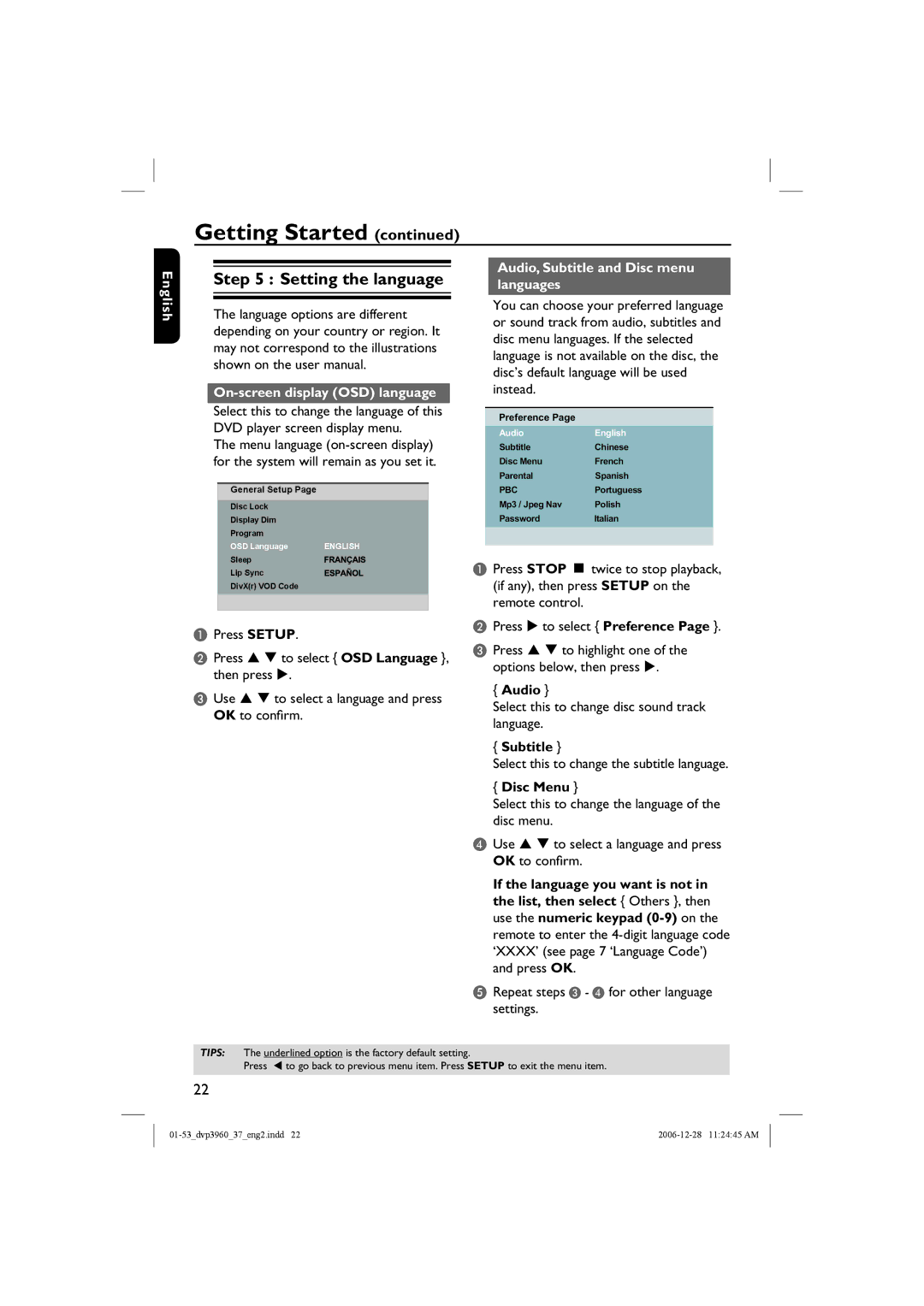 Philips DVP3960 manual Setting the language, On-screen display OSD language, Audio, Subtitle and Disc menu languages 